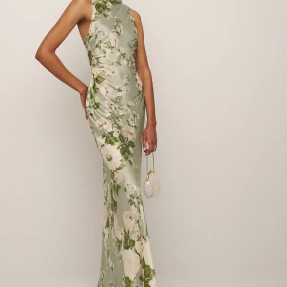 Reformation Anaiis Silk Dress In Tarragon - Picture 1 of 3